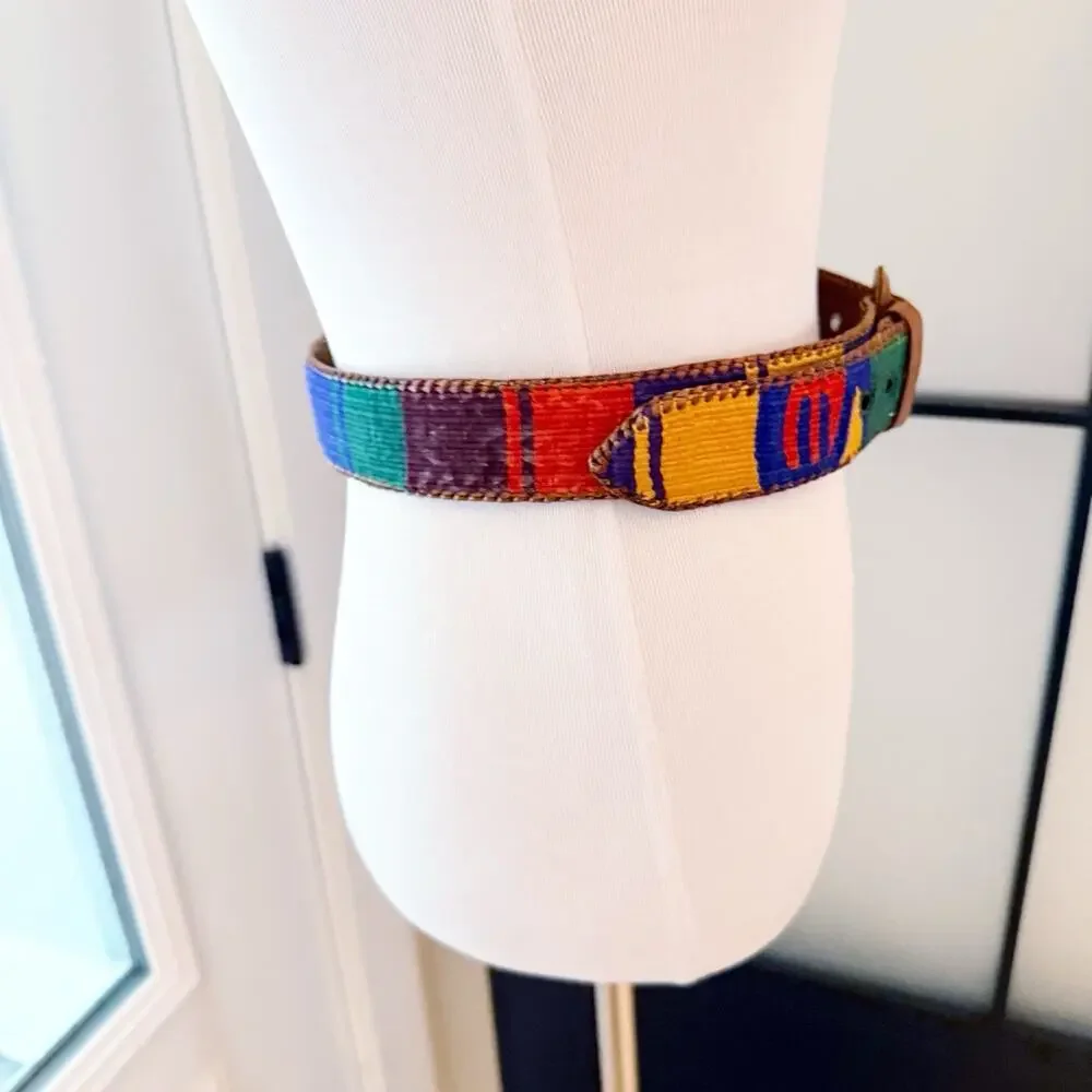 90s Vintage Woven Southwest Belt Aztec Mexican Festival Boho Hippie Leather N